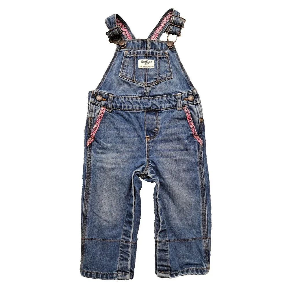OshKosh Denim Vestback Overalls Baby Girls Sz 12 Months Pants Bibs Jeans Snaps
